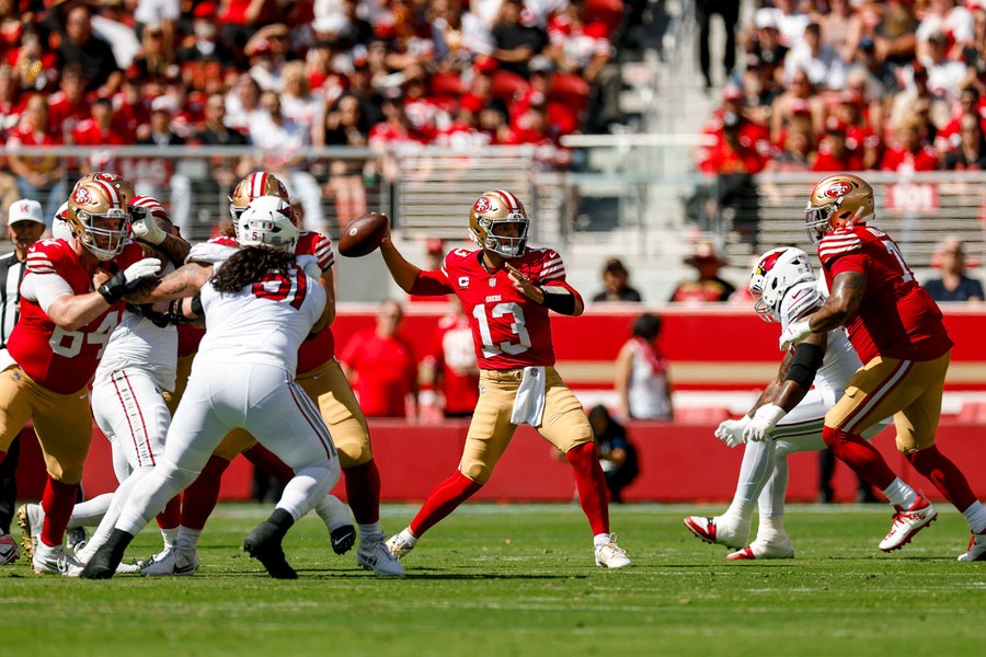 How much of Brock Purdy's 105.6 passer rating belongs to Brock Purdy?