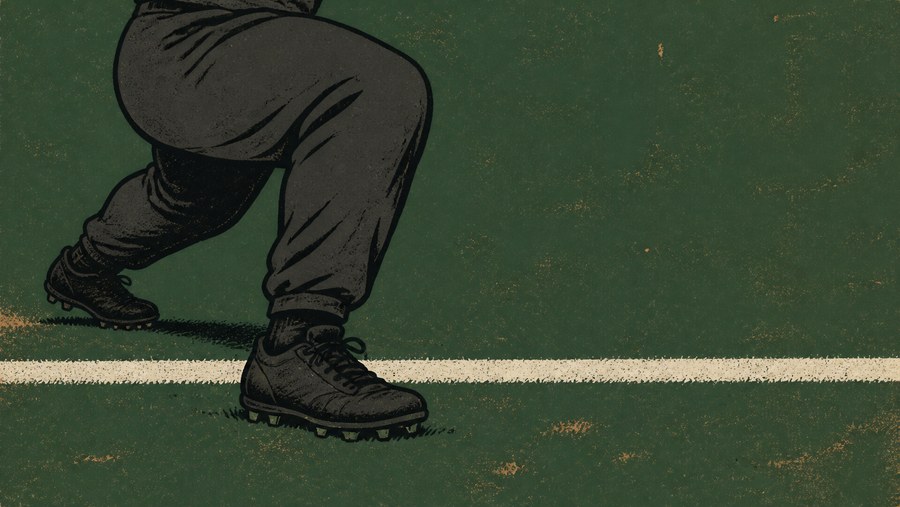 A flat screen-print illustration, plainly a drawing, of an offensive lineman's lower body only: one cleat planted forward on a chalk yard line and the other set well behind it and turned out, the knees bent and the hips sunk low over the back foot. No face, no jersey, no number and no team marking is in the frame.