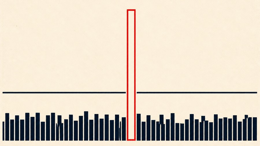 An abstract editorial illustration in navy and scarlet on an off-white ground. A dense row of short solid navy bars stands on a baseline across the full width of the frame, every one of them stopping below a long thin horizontal rule that runs above them. One lone bar rises far past that rule and is drawn as a hollow scarlet outline rather than filled in, for the eighty-three yard return that came in a preseason game and enters no record. No text, no figures and no photograph. A generated illustration, not a picture of any person.