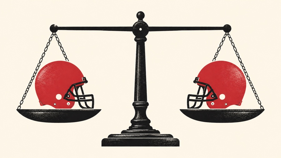 A printed screenprint illustration in crimson, off-white and black: a two-pan balance scale, its beam perfectly level, with one plain unmarked football helmet resting in each pan. The helmets carry no logo, number or nameplate. Every San Francisco transaction day in August has balanced exactly, ten men in against ten men out.