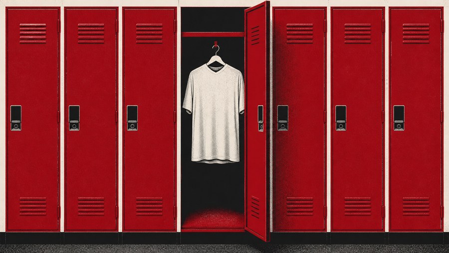 Illustration: a row of closed lockers with one open and empty at the centre, a single unmarked jersey on its hook.