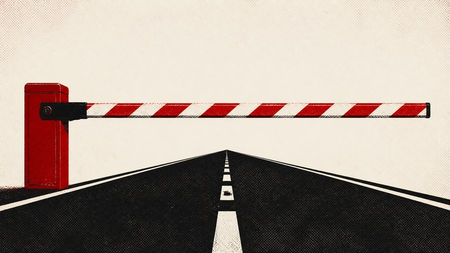 Illustration: a striped toll barrier lowered across an empty road running to the horizon.