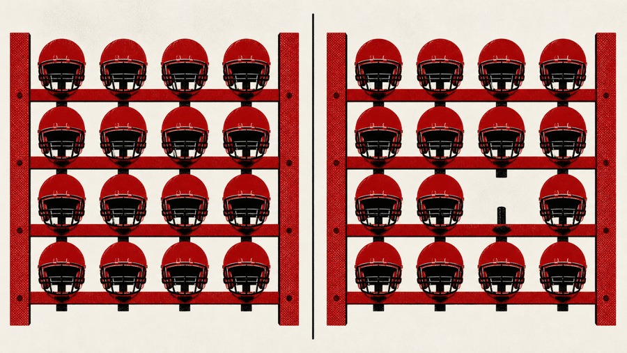 A printed screenprint illustration in crimson, off-white and black: two identical equipment racks side by side, divided by a thin vertical line, each holding the same grid of plain unmarked football helmets. The left rack is full. The right rack is the same except one peg, at the same position, is bare. The helmets carry no logo, number or nameplate.