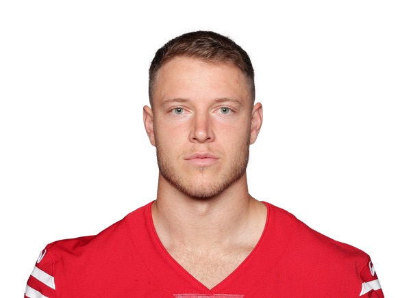 Christian McCaffrey in the 49ers red home jersey, a plain roster headshot against a white background. Not a photograph of any practice or game described here.