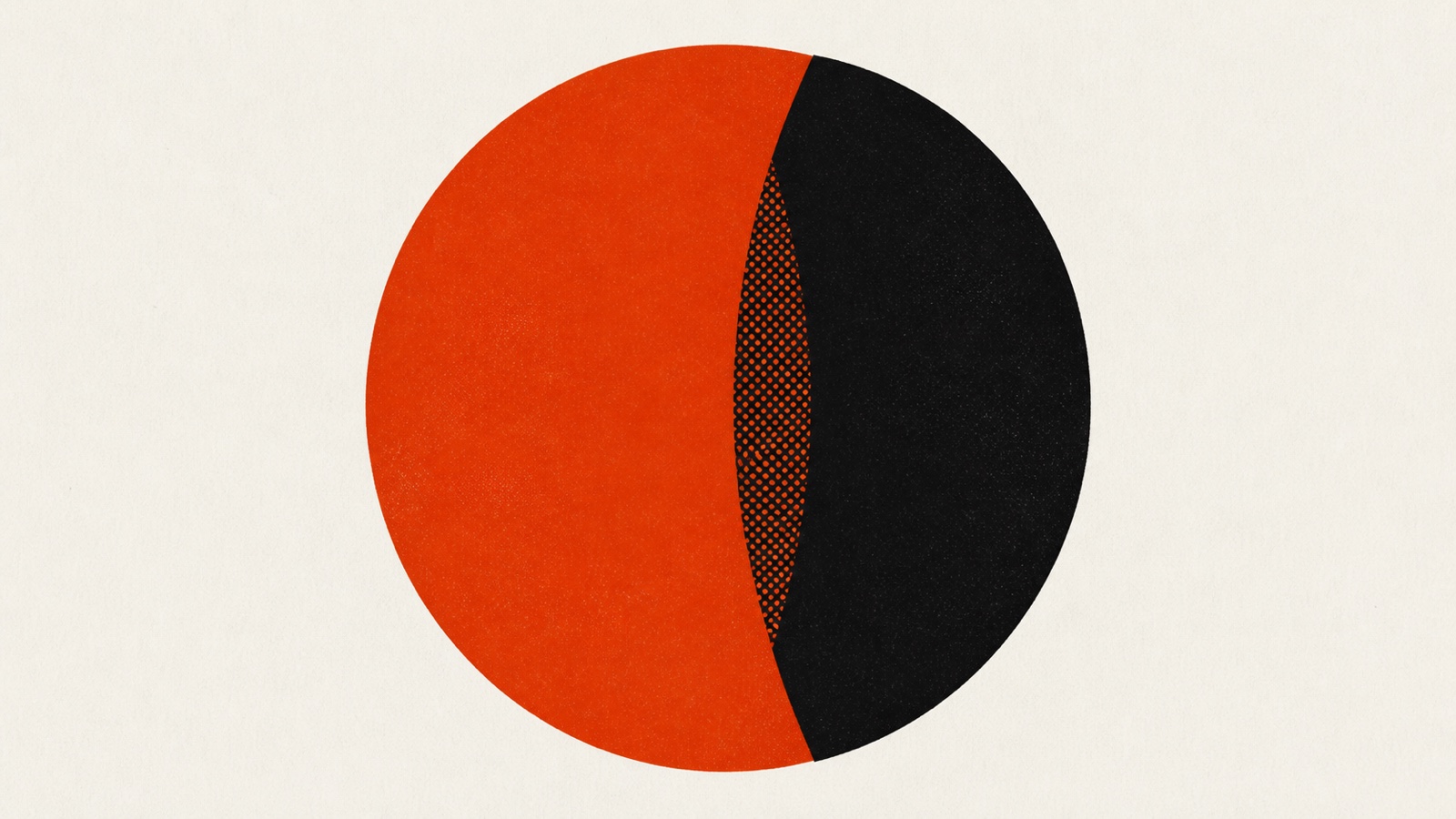 An illustration in flat burnt orange, black and off-white: a single large circle split into two near-equal arcs, one orange and one black, each drawn slightly too large for the circle so that the two cross in a narrow crosshatched wedge down the middle.