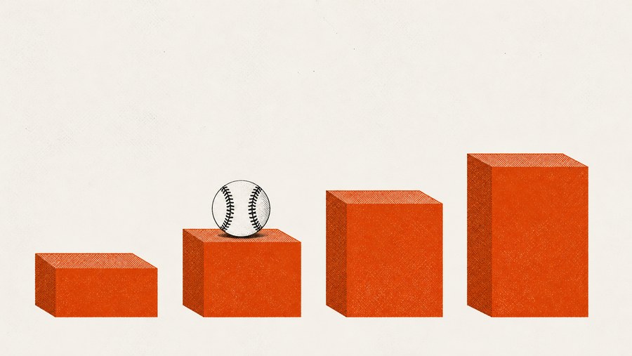 Illustration: four rising levels of a farm system, a baseball still on the second