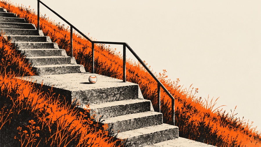 An illustration in black, orange and cream of a concrete stairway with an iron handrail running down a grassy hillside. A single baseball sits on the middle landing.
