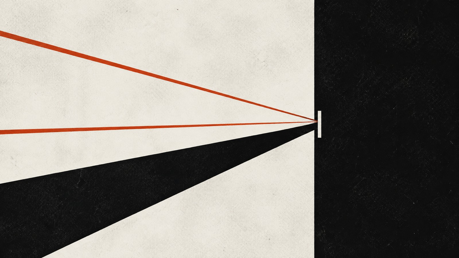 A flat screenprint illustration in orange, off-white and black. Two thin orange roads and one much wider black road cross an empty page from the left and meet at a single narrow gate cut into a solid black wall on the right.