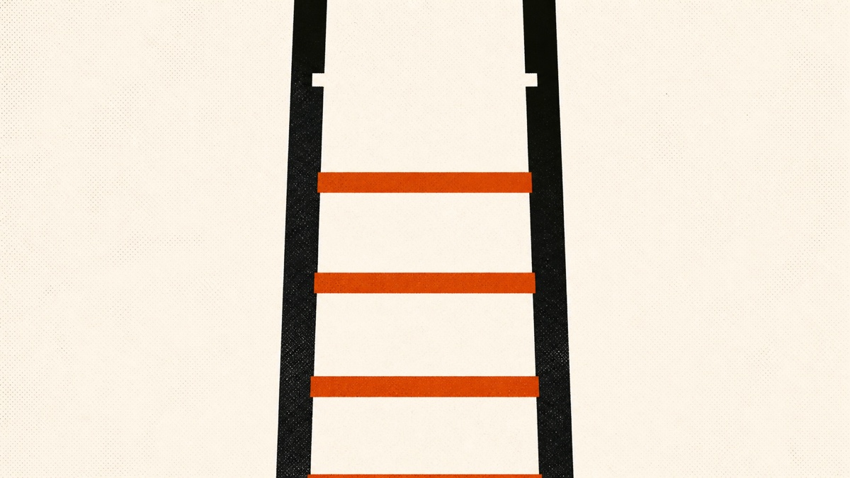An editorial screenprint illustration in burnt orange, off-white and black. A ladder seen straight on, its rails running off the top and bottom of the frame, its rungs solid orange bars. The top rung is missing, leaving two empty sockets in the rails and a clean gap where it would have been.