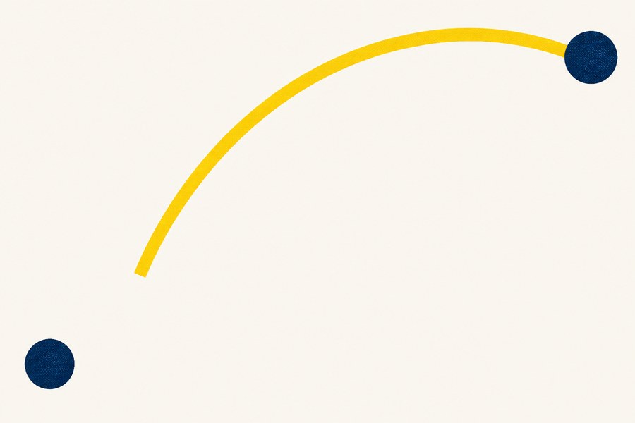 An editorial illustration, not a photograph: a maize arc sweeps from the lower left of the frame to the upper right and ends in a filled navy circle where it lands, while a second navy circle sits alone at the lower left, far behind the start of the arc and joined to nothing.