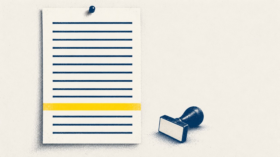 An illustration of a pinned sheet of paper ruled with navy lines, one heavy maize bar across it near the bottom and a few more lines below the bar. A blank rubber stamp lies on its side beside it.