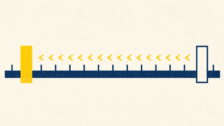 A printed illustration, not a photograph. A long horizontal navy bar runs the width of a flat off-white ground, with evenly spaced short navy tick marks rising from it. A solid maize block straddles the bar near the left end. Far to the right sits a block of the same size and shape drawn only as a thin empty navy outline. Between the two, a row of small maize chevrons points leftward along the bar.