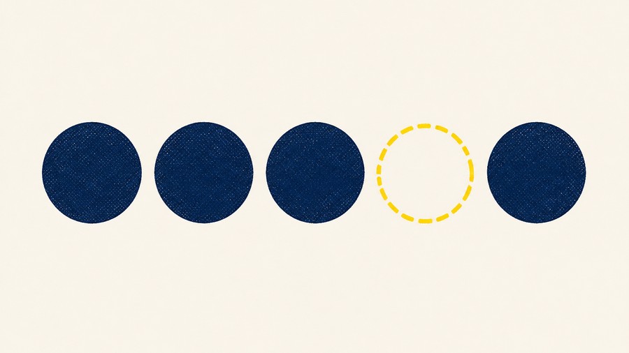 A printed illustration in navy and maize: five circles in a row, four of them filled solid navy, with the fourth from the left drawn instead as an empty dashed maize outline.