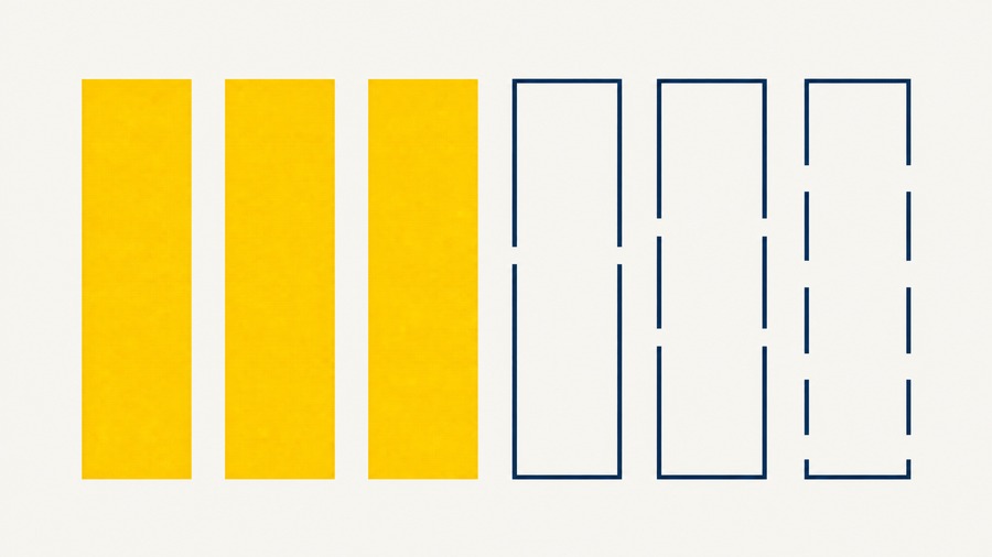 A printed illustration, not a photograph. Six tall rectangular columns stand in a row on a flat off-white ground. The three on the left are solid maize and unbroken. The three on the right are thin navy outlines, each fractured by gaps of missing wall, the rightmost reduced to a few short segments.