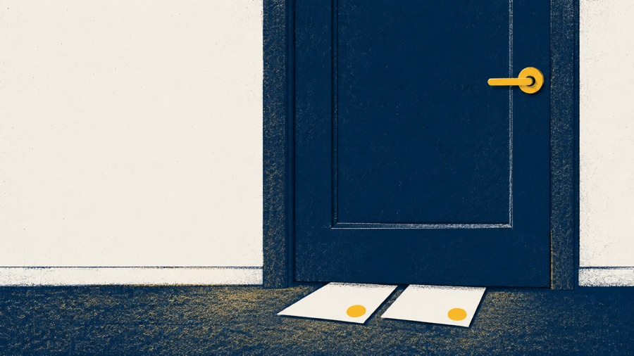 An illustration of a closed navy door with a maize handle. Two blank sheets of paper, each with a round maize seal, lie on the floor at its foot, slid partly underneath.
