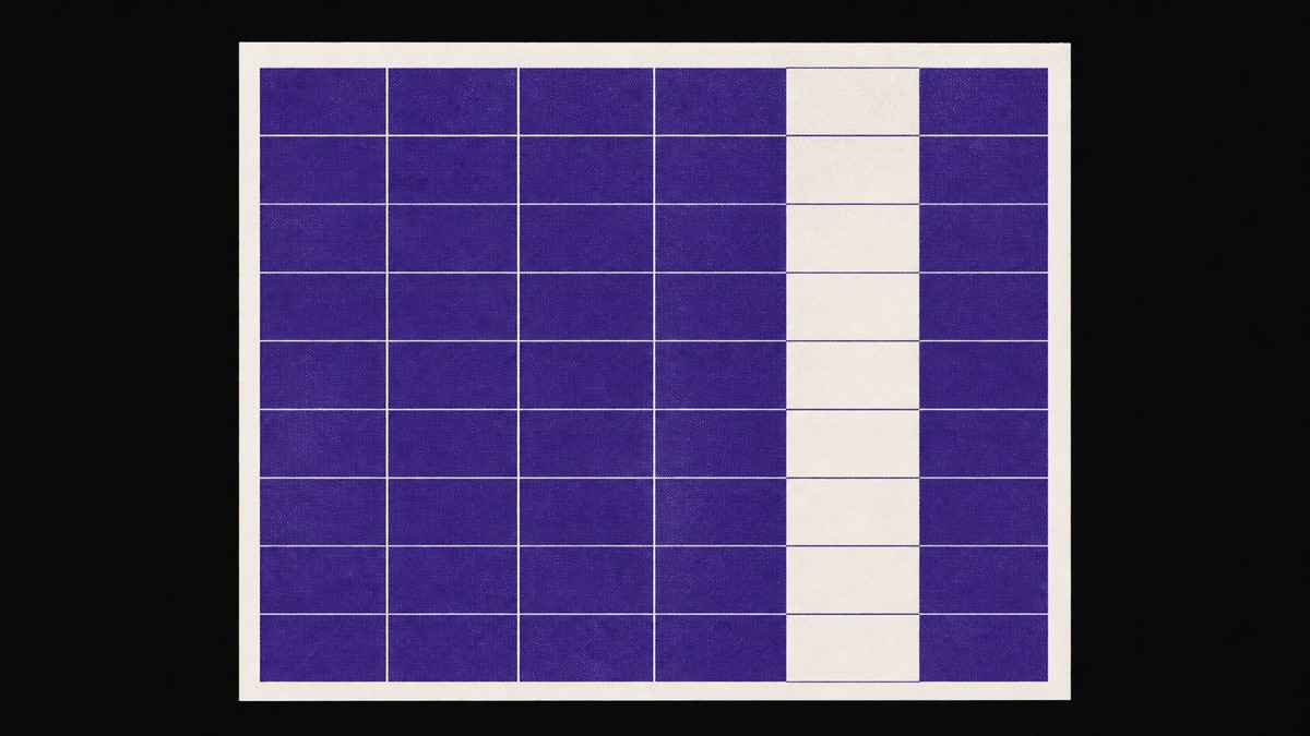 An illustration of a printed ledger sheet seen from overhead, ruled into a grid six columns wide and nine rows deep. Five of the six columns are filled solid with violet ink. One column, second from the right, is left blank from top to bottom.