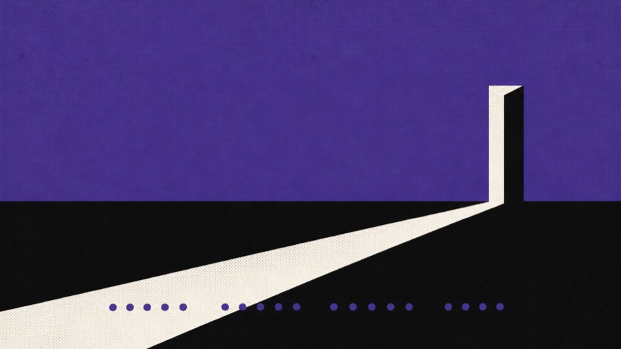 A printed illustration in violet, off-white and near-black: a single narrow doorway standing partly open on the right, throwing a long thin wedge of light across dark ground, with a row of nineteen small violet dots grouped five, five, five and four leading toward it.