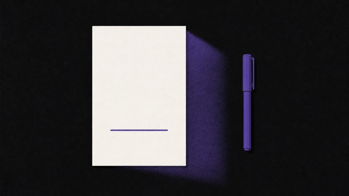 An illustration in three flat inks, violet, off-white and near-black: a blank sheet of paper seen from directly overhead, empty except for a single short violet rule where a signature would go, with a capped violet pen lying beside it and not touching the page.
