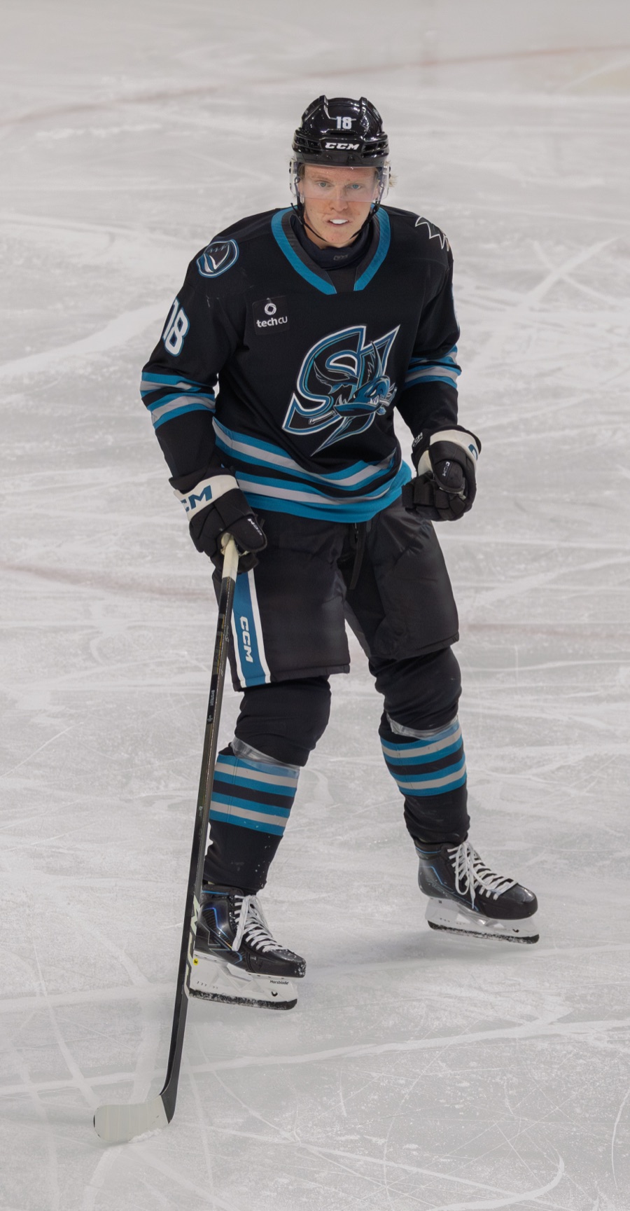 Filip Bystedt in the San Jose Barracuda's black home sweater, number 18, standing on the ice at Tech CU Arena