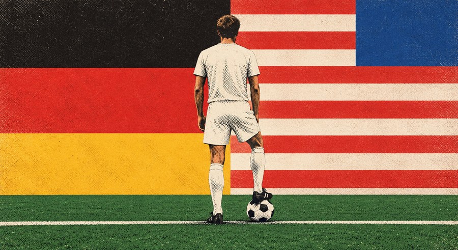 A screenprint illustration of a tall footballer in a plain white kit seen from behind, a ball under his boot, standing on a touchline where two flat colour fields meet: black, red and gold bands on one side, red and white stripes with a blue block on the other. It is a drawing and not a photograph of any match.