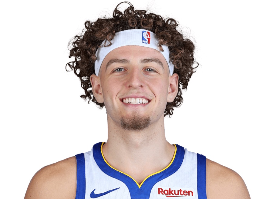 Brandin Podziemski in Golden State's white home uniform and a white headband, in the league's studio headshot on file as of September 2026.