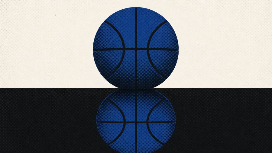 Illustration: a basketball above its exact mirror reflection, the two identical and indistinguishable.