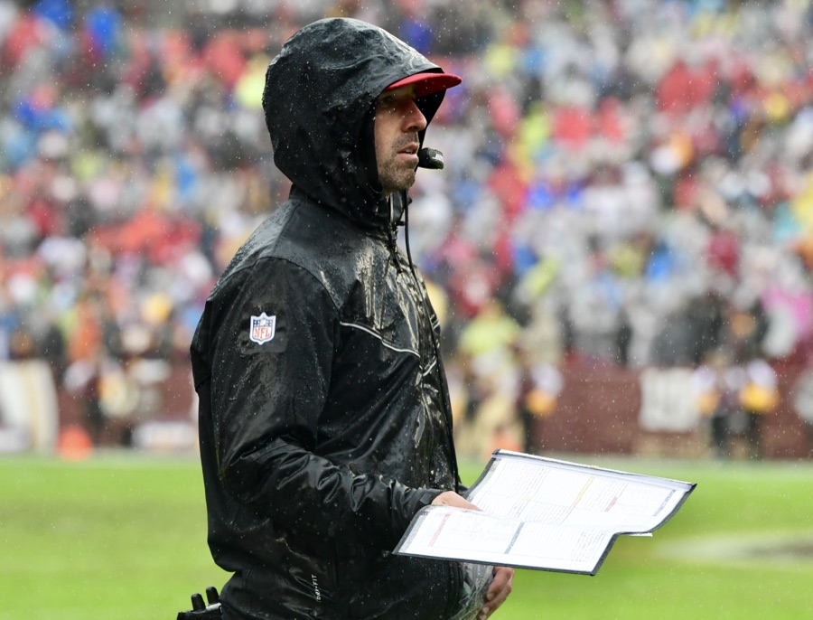 Kyle Shanahan on the sideline in a San Francisco 49ers coaching jacket during a 2019 game