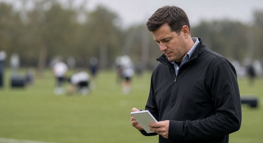 Sam Kezar at the edge of a practice field, glancing down at a reporter's notebook