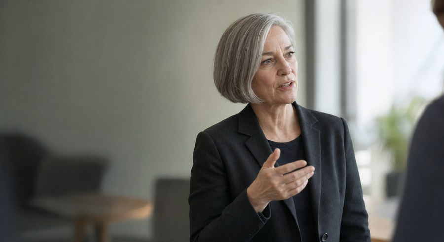 Christina Portola in a quiet office, mid conversation with someone out of frame, one hand raised